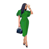 Fongt Leaves Sleeves Tight Banded Professional Solid Women's Dress African Large-Size Dress
