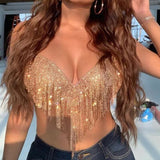 Rhinestones Tassel Party Crop Top Woman Fashion Halter Neck Backless Design Full Diamond Sequins Nightculb