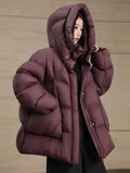 Advanced Sense Down Jacket Female 2024 Winter Thick Puff Feeling Hooded Loose White Duck Velvet Big Bread Coat-Outfit