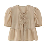 New Bubble Cuff Lace-Up Solid Color Short Blouse 1213835-Outfit