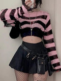 Pink Contrast-paneled Crop Smock Top Y2K Aesthetic Cute Knitted Long Sleeve Pullover for Women Sweater Vintage Clothes-Outfit