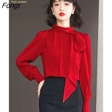 Han Queen Autumn 2022 Office Shirt Womens Blouses Lace-Up Vintage Blusas Work Casual Tops Chiffon Blouse Elegant Loose