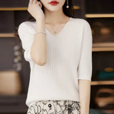Fongt The Summer Of 2023, Women's Knit Short Sleeve Korean V-Neck Solid Color T-Shirt And A Pit Top-Outfit