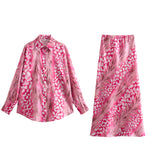 Spring Style Silk Satin Loose Shirt Printed Flute Skirt Set-Outfit