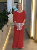 Fongt New Solid-Color Suit Round-Collar Sleb Set Of Bright Bat Shirt Wide Leg Trousers Set For Women