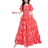 Fongt Floral And Haffin Dress Women's New Summer Bubble Short Sleeves To Close The Waist Thin Holiday High-End Cake Dress