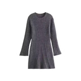 Fongt Women's Autumn New Temperament Light-Cooked Round-Neck Knitted Long Sleeves Mini Dress