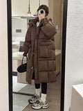 High-End Long Down Jacket Female 2024 Winter New Korean Version Fashion Thickened Large Pocket Over The Knee Warm Coat Large Size-Outfit