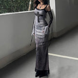 Sling Lace Splicing Cross Print Slim Dress Dark New Gothic Dress Woman-Outfit