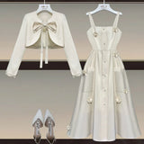 Women Spring Dresses Sets French Vintage Long Sleeve Bow Bandage Short Coat And Straps Vest Dress Two Pieces