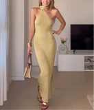 Beige Draped Halter Neck Knit Midi Dress-Outfit