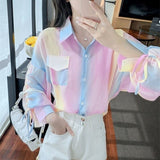 Summer Women Sunscreen Clothes Rainbow Shirt Thin Loose Lady Chiffon Blouses Lace-up Long-sleeve Elegant Tops Short