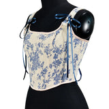 Fongt French Orchid Print With Fish Bone Corset Short Vest Bustier Crop Early Spring New