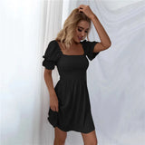Women Summer Solid Color A-Line Dress Shrinkage Design Ruffles Decor Square Collar Butterfly Sleeve High Waist Slim Mini