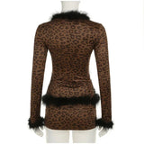 Tie Up Feather Leopard Print Tie Up Top And Mini Skirt Set-Outfit