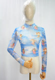 Fongt Women's Mesh Hollow Out Butterfly Print Long Sleeve Crop Short T-Shirt Bottom Shirt