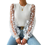 Fongt Women's Wear Mesh Small Flower And Snow-Flake Shirt Women 2025 Spring And Summer Round Collar Thin-Sleeved Top