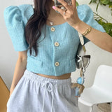 Ropa Mujer Puff Short Sleeve Chaqueta Mujeres Square Collar Jacket Woman Single Breasted Jackets Spring Summer Outwears-Outfit