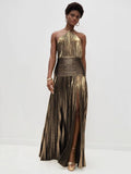 Fongt Women's Metallic Metallic Folding Fork With Hanging Neck Dress Sleeveless Back 8155