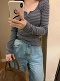 Women Soft Cotton Grey Front Buttons Striped Tees 2023 Summer Vintage O Neck Long Sleeves Female Tops Chic-Outfit