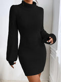 Fongt Women's Sweater Dress Stylish Simple Thin Knitted High-Necked Solid-Colored Knitted Dress