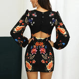 New Positioning Printed Bare-Back Long-Sleeved Dress In Stock-Outfit