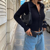 Double Zipper Cardigan Women Autumn Long Sleeve Stretch Ribbed Knitted Sweater Female White Jumper Blusa De Frio