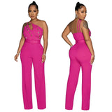Leisure Party Women's Pants Slim Fit One Shoulder Off Back Solid Color Beaded Sexy Elegant Jumpsuit-Outfit