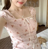 Lace Trim Square Collar Bow Short Sleeve Tee-Outfit