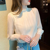Fongt Shot Plus Velvet Winter New Sweet Standing Collar Pearl Splicing Decorative Jacket Design Sense Bubble Sleeve Shirt-Outfit