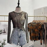 Sunset Sun Dyed Elastic Mesh Yarn T-Shirt Stacked With Long-Sleeved Top Press Line T-Shirt