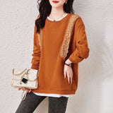 Lace Patchwork Pullovers Female Clothing Casual Round Neck Spring Autumn Commute Long Sleeve Korean Loose Sweatshirts-Outfit
