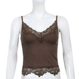 Dark Brown Vintage Gothic Lace Camis Indie Style Harajuku Women Knitted Bodycon Sexy Crop Tops Spaghetti Strap Backless