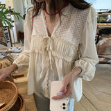 Vintage V-Neck Mesh Tie Bow Long Sleeve Blouse-Outfit