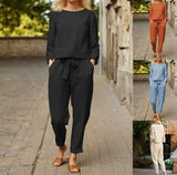 Women's Fashion Solid Color Casual Pocket Two-piece Simple Retro Elastic
