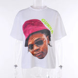 Fongt Basic Round-Neck Portrait Print Short-Sleeved T-Shirt Girl Summer Bhuff Loose Casual