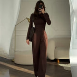 Fongt Summer New Women's Round Neck Solid Color Wide Leg Pants Temperament Commut Fashion Set