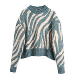 Women 2021 Fashion Thick Zebra Crop Knitted Sweater jumper O Neck Female Oversize Pullovers Chic Tops