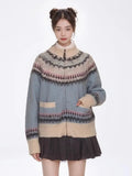 Blue Printed Stand Collar Knitted Cardigan-Outfit