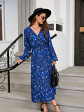 Women's Clothing Station Autumn And Winter Leopard Grain Open Fork Closed Waist Long-Sleeved Dress-Outfit