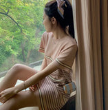 Fongt Summer New Striped Knitted Temperament Sexy Knitted Ice Silk Cover Head Short Sleeve Splicing Dress Woman