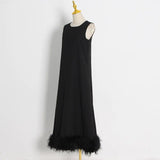 Fongt New Spring 2024 Round Collar Sleeveless Hem Stitching Feather Dress-Outfit
