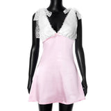 Pink V-neck Tie Up Patchwork Satin Mini Dress-Outfit
