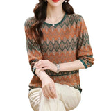 Fongt Early Autumn New Middle-Aged Mother Jacket Female Long Sleeve Loose Hollow Out Stripe Sweater Thin Bottom Sweater-Outfit