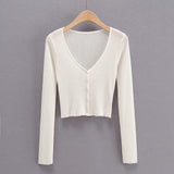 New V-Collar Single-Breasted Long-Sleeved Sunscreen Sweater Summer Hollowed-Out Leisure Air-Conditioning Blouse-Outfit