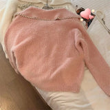 Knit Cardigan Jacket Autumn Winter New Fashion Loose Sweater Sequins Beaded Fake Mink Fleece Chic