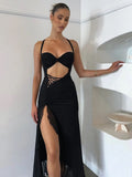 Halter Lace Up Backless Cut Out Maxi Dress Women Mesh High Split Black Goth Party Vestidos 2023 Spring Fall Y2K
