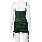 Women Sexy Black Mesh Patchwork Bodycon Mini Dress Spaghetti Strap Cut Out Green Dress Lace Up Ruched Slim UK Robe 2021