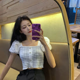 Niche T-Shirt Women's Summer Short Lantern Sleeve Collar Top Design With A Sense Of Minority Retro Plaid