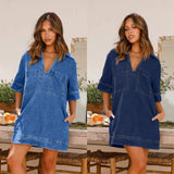 Fongt New Soft Denim Lapel Short Sleeve Loose Denim Dress-3223-Outfit